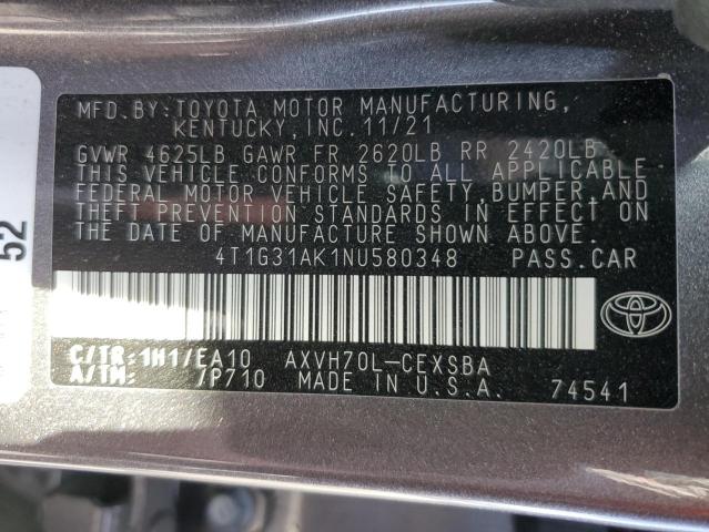 4T1G31AK1NU580348 - 2022 TOYOTA CAMRY NIGHT SHADE GRAY photo 12