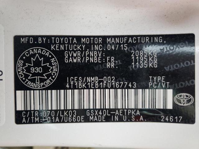 4T1BK1EB1FU167743 - 2015 TOYOTA AVALON XLE WHITE photo 13