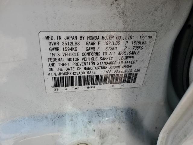 JHMGE8H23AC015823 - 2010 HONDA FIT WHITE photo 12