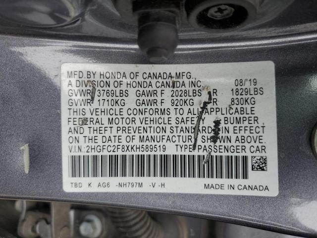 2HGFC2F8XKH589519 - 2019 HONDA CIVIC SPORT Gris foto 12