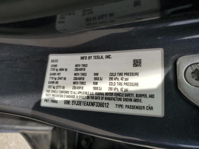 5YJ3E1EAXNF336012 - 2022 TESLA MODEL 3 GRAY photo 12