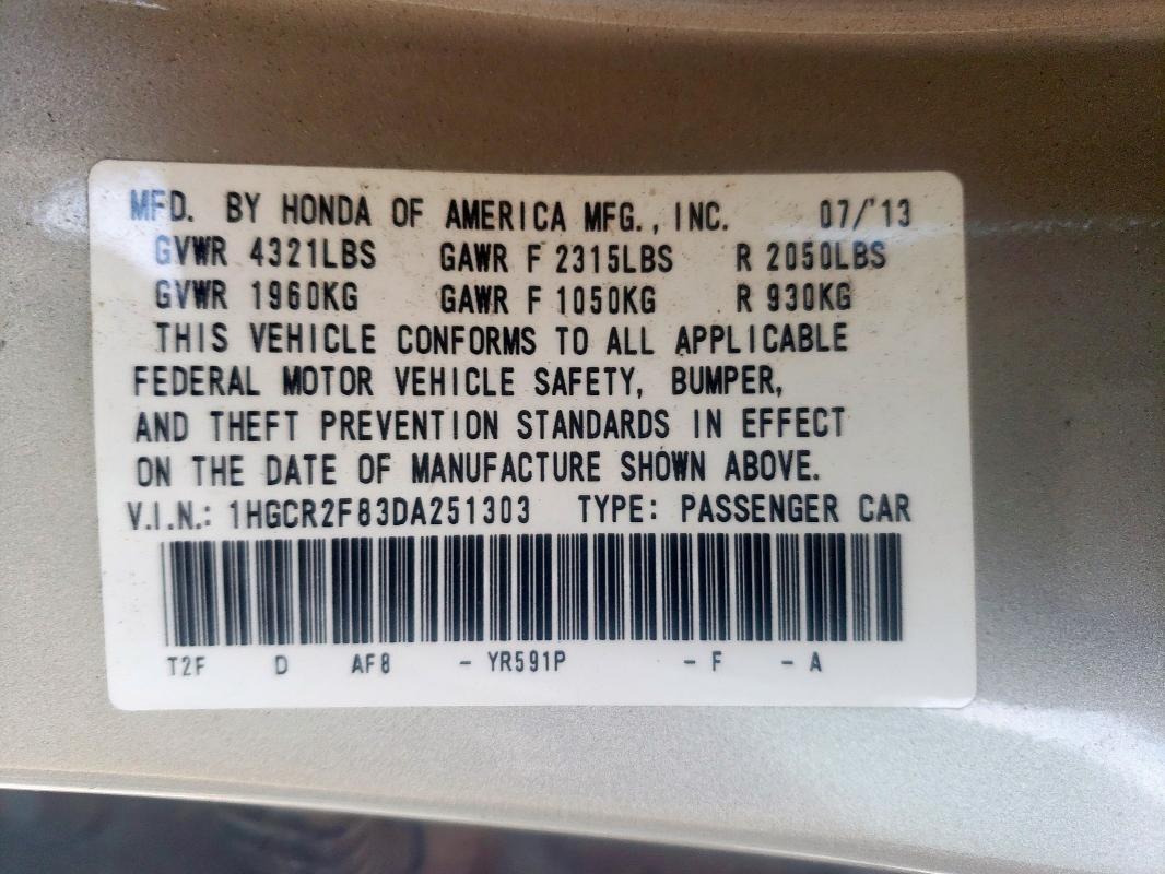 1HGCR2F83DA251303 - 2013 HONDA ACCORD EXL GOLD photo 12