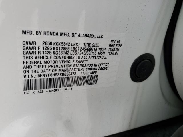 5FNYF6H52KB050472 - 2019 HONDA PILOT EXL 白色 照片 14