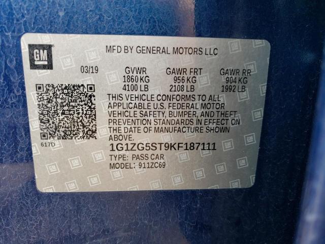 1G1ZG5ST9KF187111 - 2019 CHEVROLET MALIBU RS BLUE photo 12