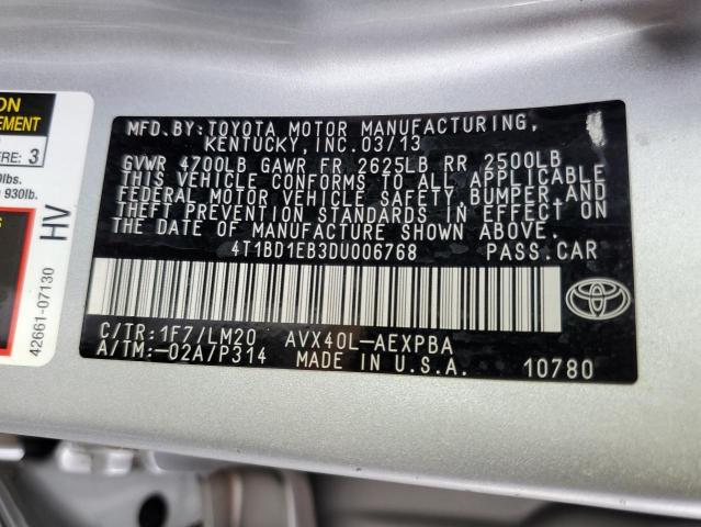 4T1BD1EB3DU006768 - 2013 TOYOTA AVALON HYBRID SILVER photo 12