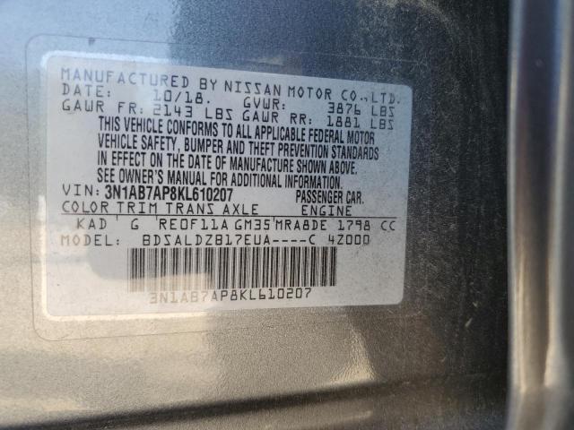 3N1AB7AP8KL610207 - 2019 NISSAN SENTRA S GRAY photo 12