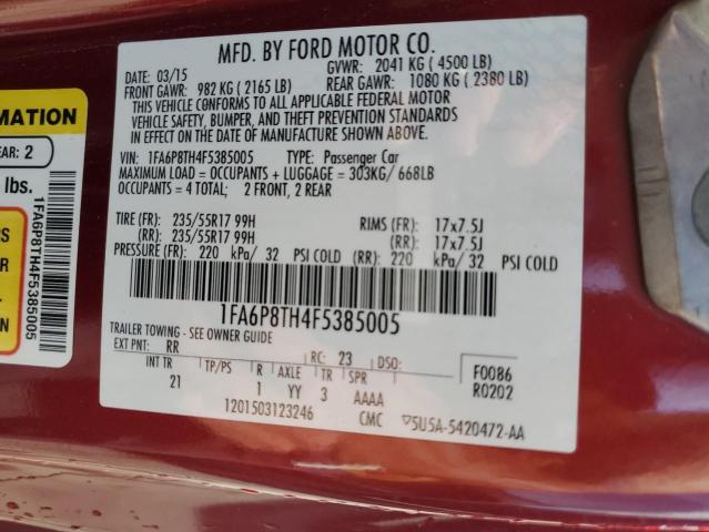 1FA6P8TH4F5385005 - 2015 FORD MUSTANG RED photo 12