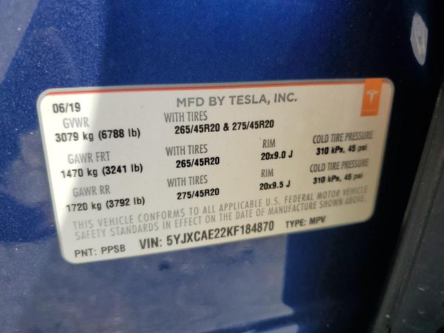 5YJXCAE22KF184870 - 2019 TESLA MODEL X Синий фото 13