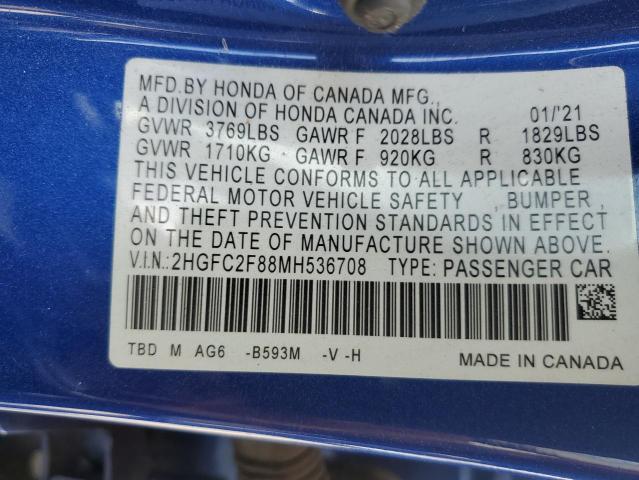 2HGFC2F88MH536708 - 2021 HONDA CIVIC SPORT ლურჯი ფოტო 13