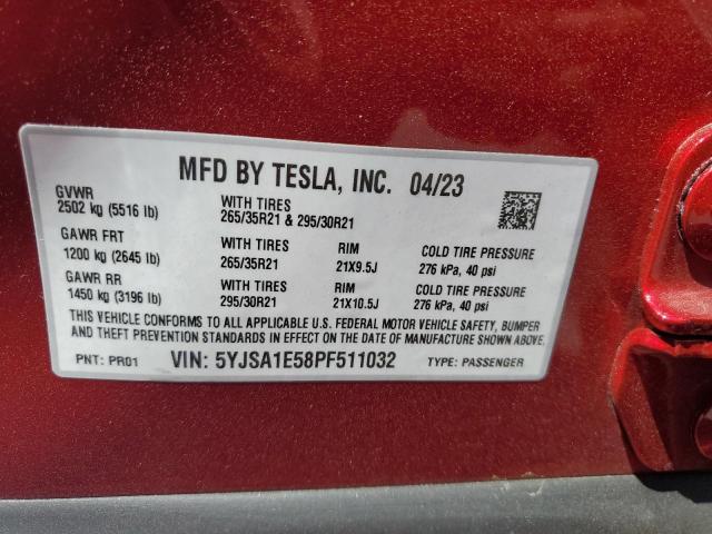 5YJSA1E58PF511032 - 2023 TESLA MODEL S RED photo 12