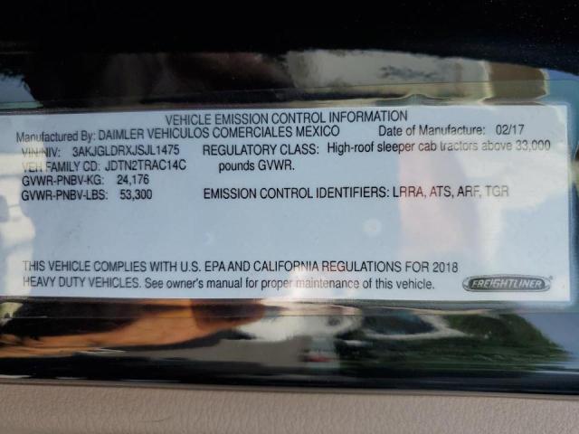 3AKJGLDRXJSJL1475 - 2018 FREIGHTLINER CASCADIA 1 Қара фото 10