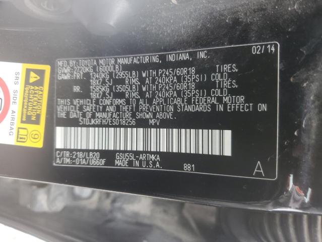 5TDJKRFH7ES018256 - 2014 TOYOTA HIGHLANDER XLE BLACK photo 14