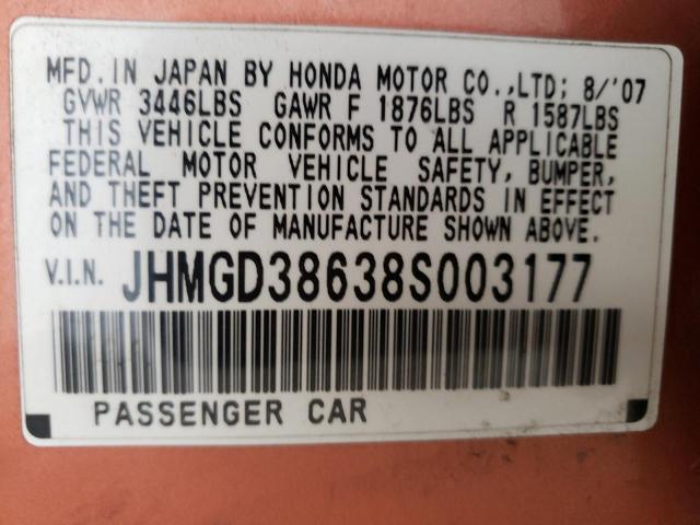 JHMGD38638S003177 - 2008 HONDA FIT SPORT ORANGE photo 12