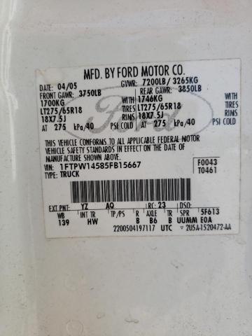 1FTPW14585FB15667 - 2005 FORD F150 SUPERCREW WHITE photo 13