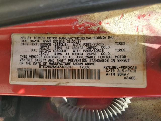5TEGM92N94Z426811 - 2004 TOYOTA TACOMA DOUBLE CAB PRERUNNER RED photo 12