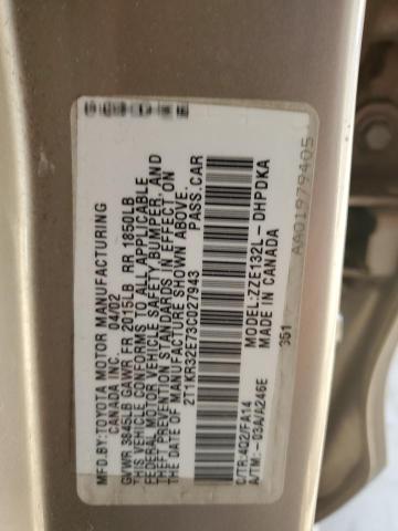 2T1KR32E73C027943 - 2003 TOYOTA COROLLA MA XR BEIGE photo 13