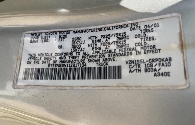 5TESN92N11Z817194 - 2001 TOYOTA TACOMA XTRACAB PRERUNNER ვერცხლისფერი ფოტო 10