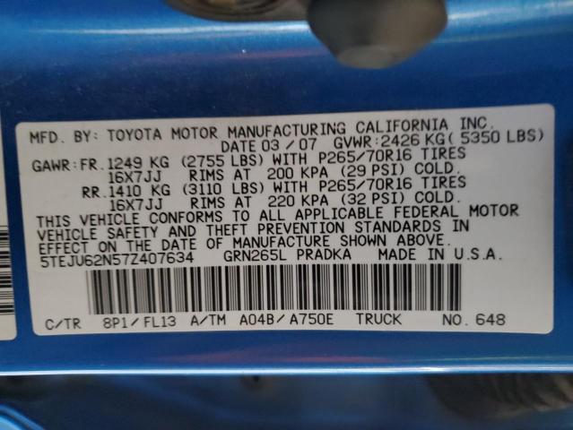 5TEJU62N57Z407634 - 2007 TOYOTA TACOMA DOUBLE CAB PRERUNNER BLUE photo 12