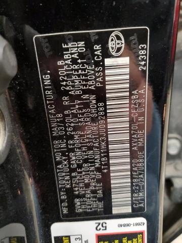 4T1B11HK3JU092888 - 2018 TOYOTA CAMRY L შავი ფოტო 12