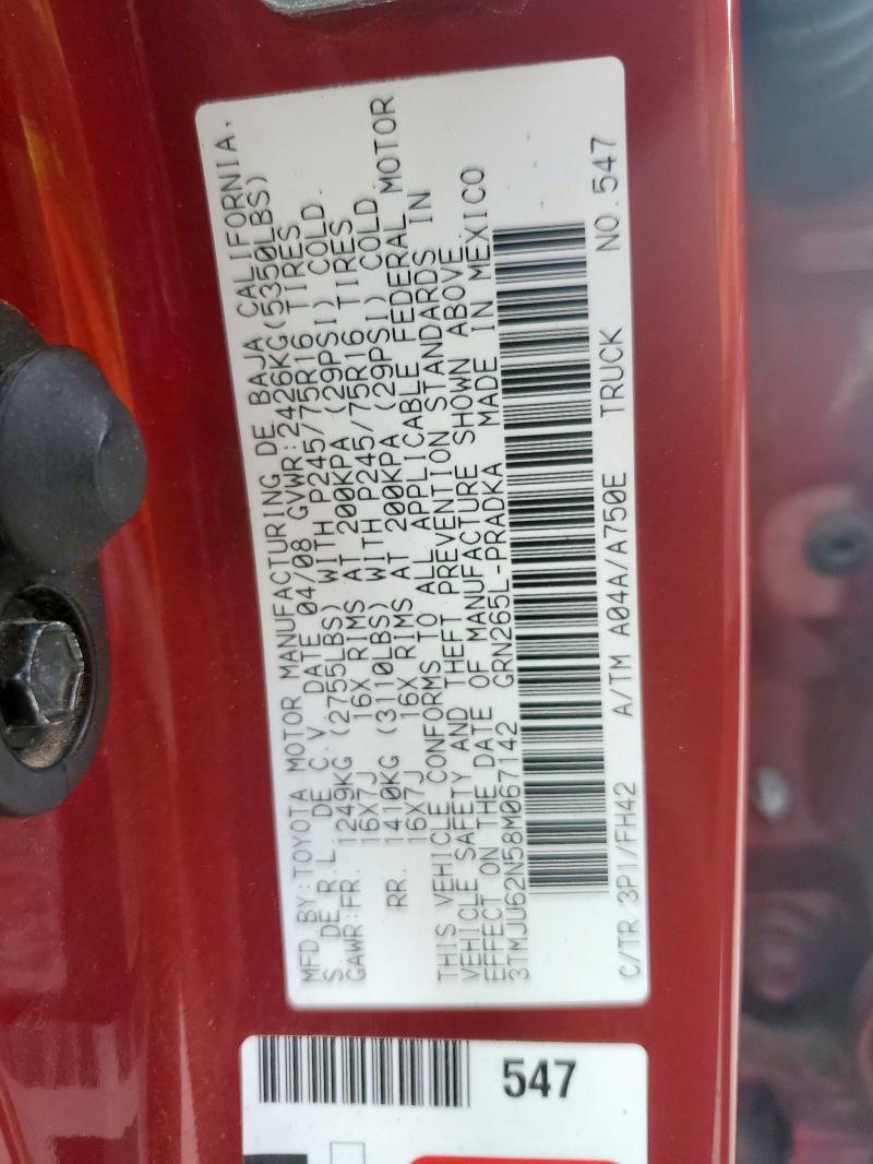 3TMJU62N58M067142 - 2008 TOYOTA TACOMA DOUBLE CAB PRERUNNER RED photo 12