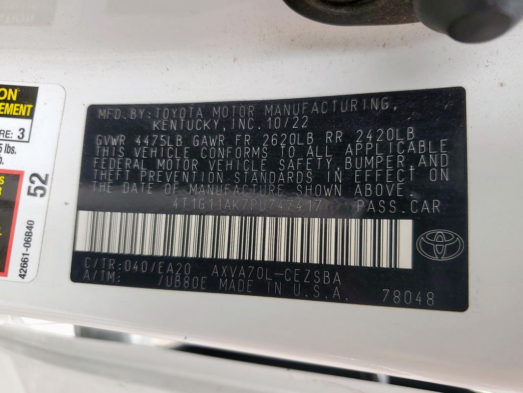 4T1G11AK7PU747417 - 2023 TOYOTA CAMRY SE NIGHT SHADE WHITE photo 12