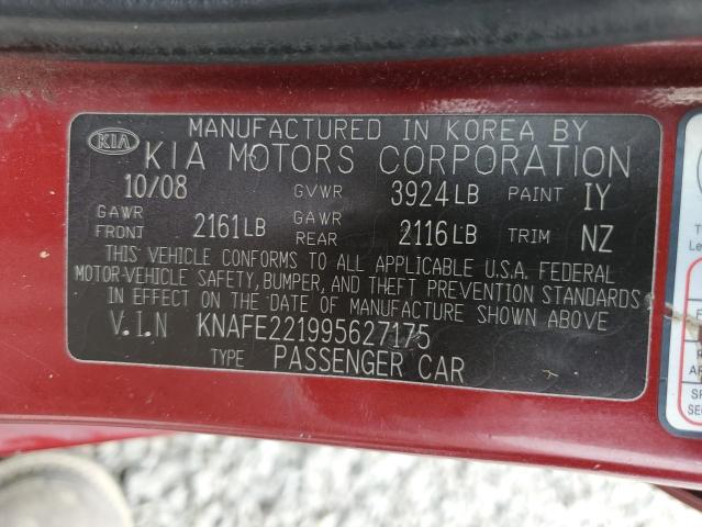 KNAFE221995627175 - 2009 KIA SPECTRA EX RED photo 12