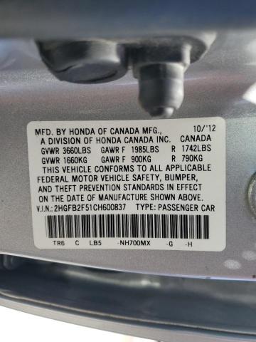 2HGFB2F51CH600837 - 2012 HONDA CIVIC LX SILVER photo 12