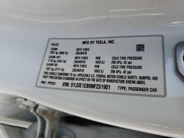 5YJ3E1EB9NF251901 - 2022 TESLA MODEL 3 WHITE photo 13