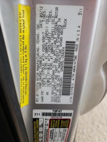 5TFTU4GN2CX022281 - 2012 TOYOTA TACOMA PRERUNNER ACCESS CAB SILVER photo 12