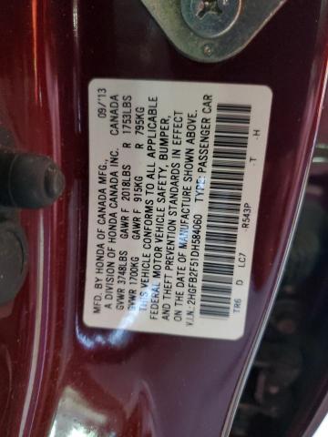 2HGFB2F51DH584060 - 2013 HONDA CIVIC LX BURGUNDY photo 12