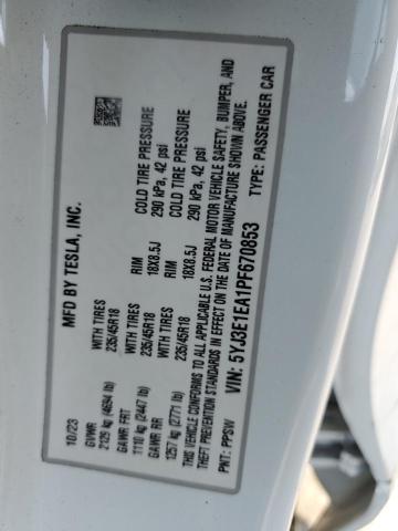 5YJ3E1EA1PF670853 - 2023 TESLA MODEL 3 Ağ foto 13