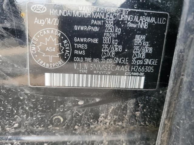5NMS3CAA5LH266305 - 2020 HYUNDAI SANTA FE SEL BLACK photo 12