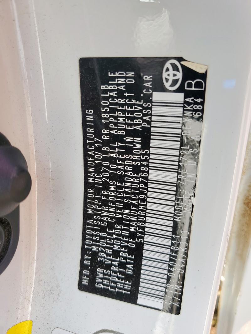 5YFBURHE9JP768455 - 2018 TOYOTA COROLLA L WHITE photo 12