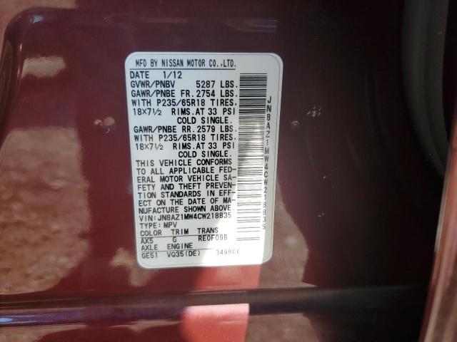 JN8AZ1MW4CW218835 - 2012 NISSAN MURANO S BURGUNDY photo 13