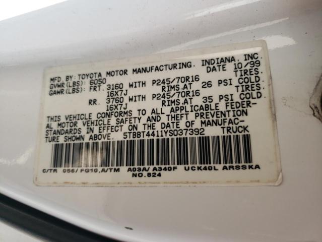 5TBBT4411YS037392 - 2000 TOYOTA TUNDRA ACCESS CAB 白色 照片 12