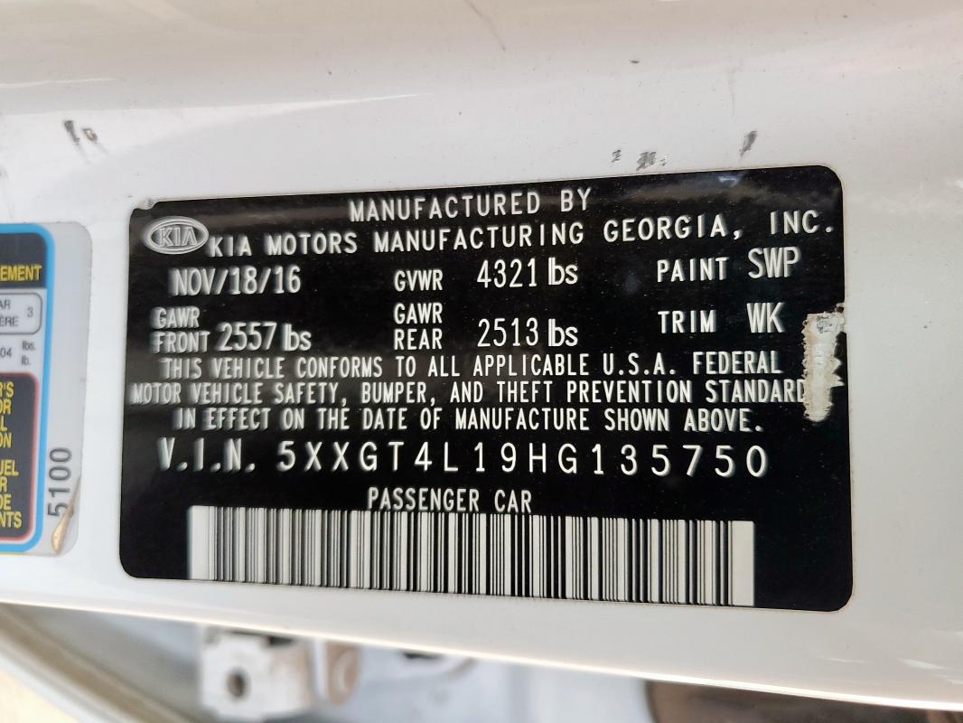 5XXGT4L19HG135750 - 2017 KIA OPTIMA LX WHITE photo 12