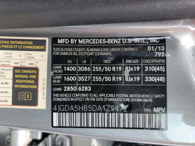 4JGDA5HB5DA179472 - 2013 MERCEDES-BENZ ML 350 4MATIC GRAY photo 13