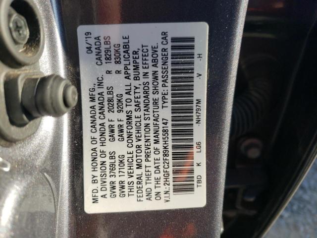 2HGFC2F89KH558147 - 2019 HONDA CIVIC SPORT 灰色 照片 12