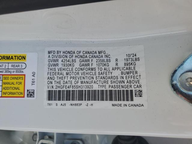 2HGFE4F85SH313920 - 2025 HONDA CIVIC SPORT WHITE photo 12