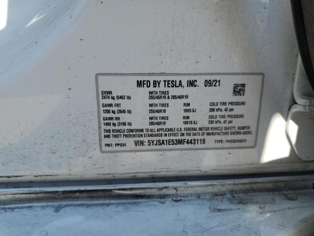 5YJSA1E53MF443119 - 2021 TESLA MODEL S Blanco foto 12