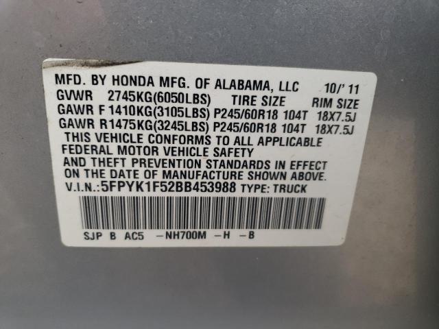 5FPYK1F52BB453988 - 2011 HONDA RIDGELINE RTL SILVER photo 13