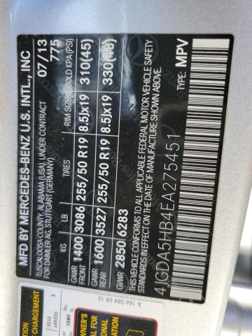 4JGDA5HB4EA275451 - 2014 MERCEDES-BENZ ML 350 4MATIC SILVER photo 13