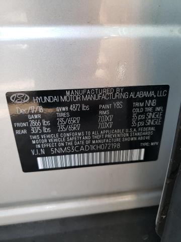 5NMS3CAD1KH072198 - 2019 HYUNDAI SANTA FE SEL SILVER photo 10