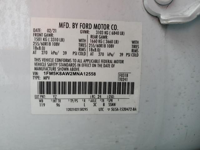 1FM5K8AW2MNA12558 - 2021 FORD EXPLORER POLICE INTERCEPTOR 白色 照片 13