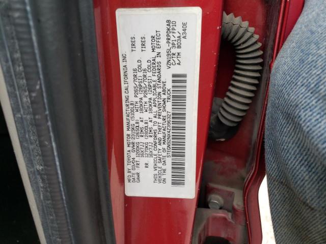 5TEGN92NX4Z396327 - 2004 TOYOTA TACOMA DOUBLE CAB PRERUNNER RED photo 12