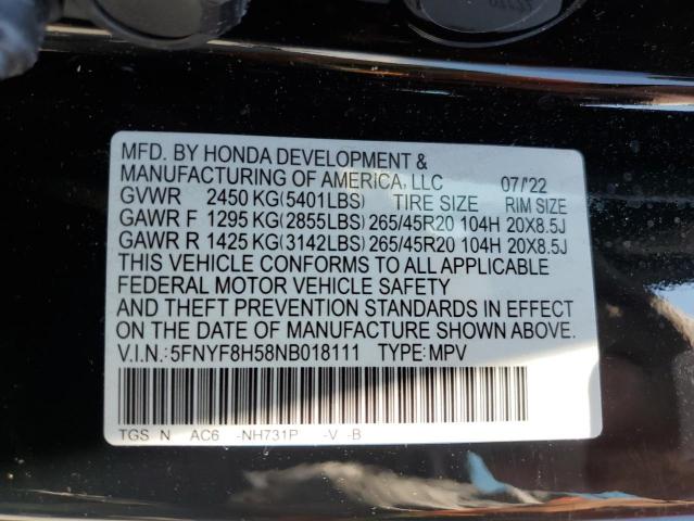 5FNYF8H58NB018111 - 2022 HONDA PASSPORT EXL შავი ფოტო 12