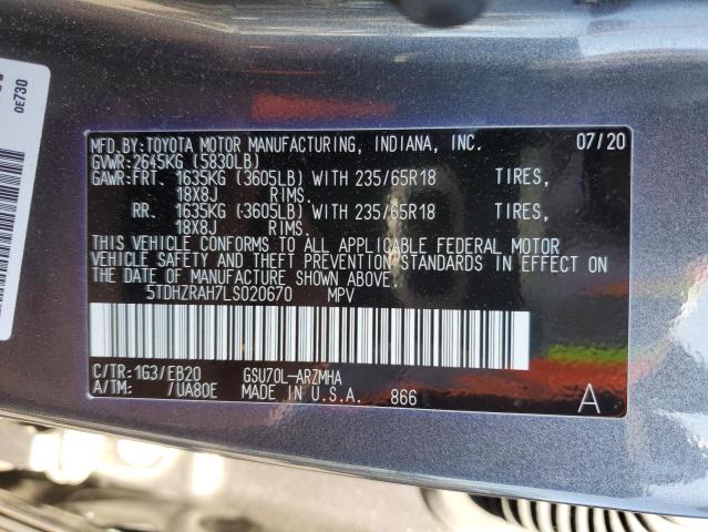 5TDHZRAH7LS020670 - 2020 TOYOTA HIGHLANDER XLE GRAY photo 13