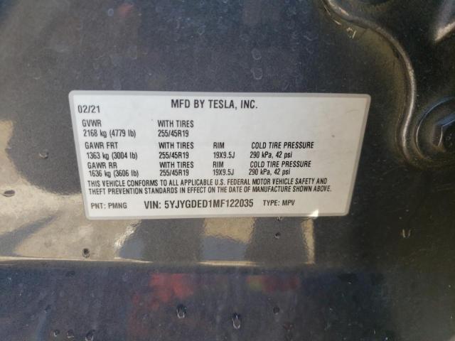 5YJYGDED1MF122035 - 2021 TESLA MODEL Y GRAY photo 12