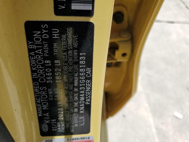 KNADM4A31G6681831 - 2016 KIA RIO LX YELLOW photo 12