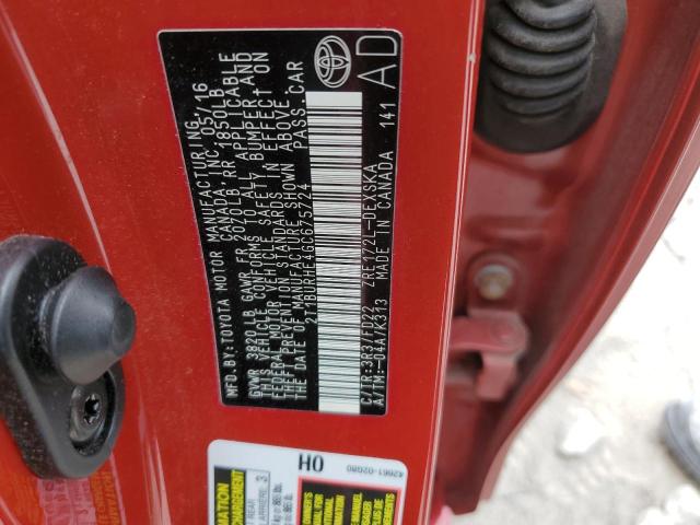 2T1BURHE4GC675724 - 2016 TOYOTA COROLLA L 勃艮第红 照片 12